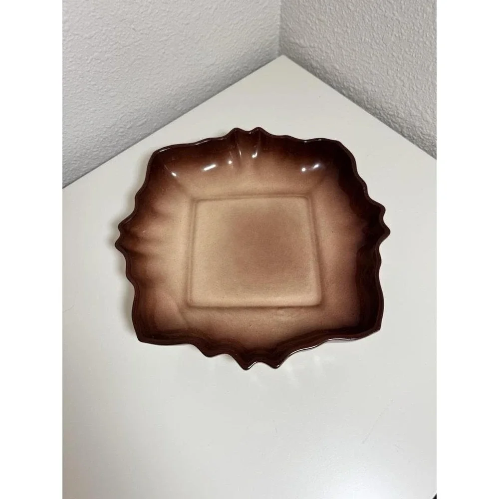Vintage Scalloped Edge Square Ceramic‎ Plate Brown Gradient Design